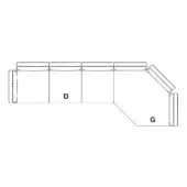Sectional sofa line drawing, L-shape configuration, black outlines depict cushions labeled D and G, white background, schematic design.