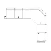 Sectional sofa line drawing, white, L-shape with labeled cushions—P, D, G, B—showing modular grid design and geometric form.