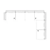 Modular sectional sofa line drawing, white background, three connected modules labeled 'F' and 'T', cushioned backrest, rectilinear form.