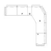 Sectional sofa schematic, white line drawing, four labeled cushions—F, Q, H, I—quilted texture, right-angle corner, minimalist design.