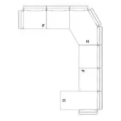 Modular sectional sofa schematic, labeled components F, H, I, C, with rectangular cushions, boxy design, and implied fabric upholstery.