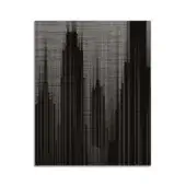 Abstract print, black and gray, stylized cityscape with vertical lines and textured gray background, monochromatic palette, studio presentation.