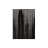 Abstract print, gray and black tones, vertical lines create a fragmented cityscape on a white background.