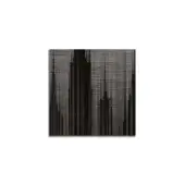 Abstract grayscale print with vertical lines forming a fragmented cityscape silhouette, textured grain, and even studio lighting.