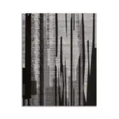 Abstract print with vertical black lines and gray textured background, featuring stacked rectangles and faint illegible text details.