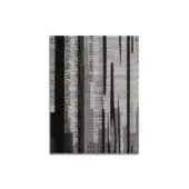 Abstract geometric print in gray and black tones against a white background, featuring vertical lines, blocks, and textured brushstroke effects.