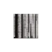 Abstract art print with black and white rectangular blocks, layered composition, parallel lines, and fragmented text against a white background.