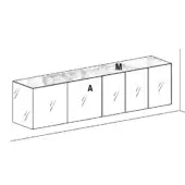 Sideboard with white cabinet doors, xglass top mottled gray and white, featuring linear texture and minimalist rectangular form.