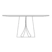 Rectangular table with trapezoidal metal base, minimalist design, clean lines, geometric form, white background studio rendering.