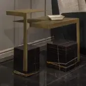 Distinguished WAYNE Enterprises WE-202 side table with geometric silhouette and golden metal tiers built with black marble-like bases veined in gold and white