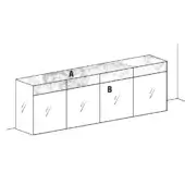 Sideboard with xglass top and drawers, gray mottled surface, rectangular cabinet doors, wood grain texture, labeled sections A and B.