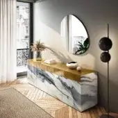 Superior Lago Materia sideboard with XGlass marble and gold glossy surface exhibiting a white grey swirling facade
