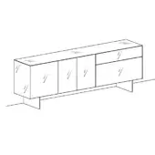 Sideboard with legs, linear detail, four cabinet doors, one drawer, angled metallic legs, rectangular shape, matte finish, white background.