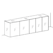 Sideboard, light gray finish, rectangular form with six cabinet sections; features horizontal groove detailing and a matte surface, legless design.