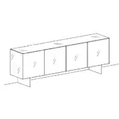 Sideboard with legs, matte white finish, rectangular shape, four doors with diagonal etched pattern, dark metal angled legs.