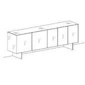 Sideboard with legs, matte gray finish, four doors with diagonal lines, and tapered dark metal legs, studio shot.