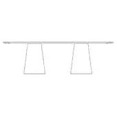 Rectangular table with matte finish, metal trapezoidal legs, minimalist design, smooth elongated top, rounded corners, white background.