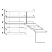 Modular shelving unit with corner desk, light gray composite surface, rectangular modules labeled A, B, C in alternating vertical pattern.