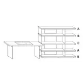 Desk and shelving unit, light wood, rectangular tabletop with monitor, five-shelf bookcase labeled A, B, and C, minimalist design, white background.