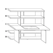 Storage unit schematic, black lines, multi-tiered design with labeled shelves A, B, C, and a textured desk inset, minimalist style.