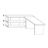 L-shaped desk line drawing, white background, labeled storage unit with drawers ‘A’, shelves ‘B’ and cabinet ‘C’, minimalist design.