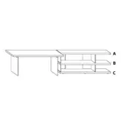 Modular storage unit, light wood, rectangular tabletop extends from three-section body labeled A, B, and C with a drawer.