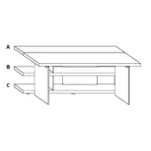 Modular desk system line drawing, white background, rectangular tabletop labeled A, drawers and shelves labeled B and C, technical illustration.
