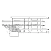 Modular shelving unit in wood, asymmetrical stepped design with labeled rectangular compartments A and B, featuring indicated wood grain texture.