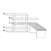 Modular storage unit schematic, wood, geometric design with recessed shelves and angled platform, labeled component breakdown.
