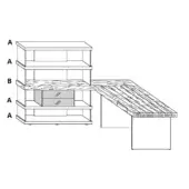 Shelving unit and desk schematic, white background, black lines, stacked compartments, two-drawer unit, slatted wood desk surface.