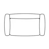 Sofa line drawing, black on white, low profile with rounded arms and rectangular cushion, platform base design.