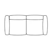 Two-seater sofa line drawing, rounded rectangular modules, curved backrests, low profile, platform design, black on white background.