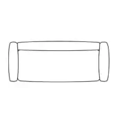 Sofa line drawing, minimalist design, rectangular form with rounded ends, cylindrical armrests, white background studio shot.
