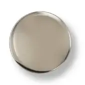 Circular badge with taupe-gray polished center and shiny nickel rim, isolated on white, displaying a contrasting gloss and matte finish.