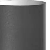 Cylindrical lampshade, dark anthracite gray woven fabric, silver metallic rim, studio lighting, plain white background, textured surface.