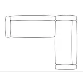 Sectional sofa, black and white line drawing, L-shape with rounded arms, low profile cushions, minimalist modern design, technical schematic.