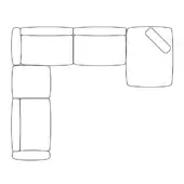 Modular sectional sofa line drawing, black and white, L-shape with three cushions, chaise lounge, and armrest, featuring rectangular forms.