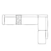 L-shape sectional sofa line drawing, white background, modular cushions, textured central panel, rounded edges, low profile design.