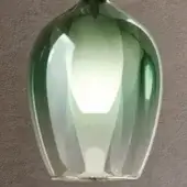 Green glass vase, rosè collection, teardrop shape with fluted design, metallic hue, glossy finish, illuminated interior, modern organic aesthetic.