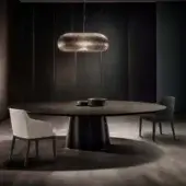 Wayne we 062 dining table, dark wood oval top, conical base, paired with gray fabric chairs and cylindrical pendant light in modern dining room.