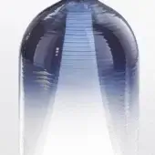 Munetta bottle, blue glass, bulbous shape with silver cap and vertical ridges, gradient from indigo to frosted white, rectangular label visible.