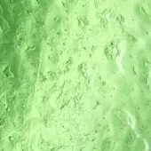 Green textured surface with irregular organic shapes and circular indentations, exhibiting a matte finish and undulating topography.
