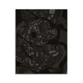 Abstract city map graphic print, grayscale tones, dense grid pattern with flowing lines, minimalist aesthetic on white background.