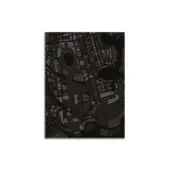 Grayscale abstract print depicting fragmented cityscape with intersecting lines, geometric shapes, and varying shades creating depth against a white background.