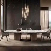 Oval marble dining table with ribbed wood base, surrounded by six grey chairs, in a room with grey tiled walls and brass chandelier.