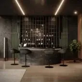 Exceptional WAYNE Enterprises WE-149 bar counter with leather frontal panel and metallic lacquering in dark gray textile and smooth countertop
