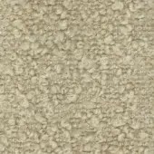 Cream boucle fabric sample with heathered off-white and beige linear threads, displaying a dense, nubby woven texture and “turri” label.