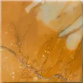 Giallo Siena marble sample, polished yellow stone, swirling veining pattern with white speckles and dark fissure lines, framed border.