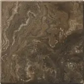 Marble texture sample with swirling brown and beige tones, creamy white veins, polished finish, dark border, and product code text.