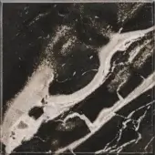 Black marble tile sample with white veining, displaying an organic mottled pattern and textured surface framed by a dark gray border.